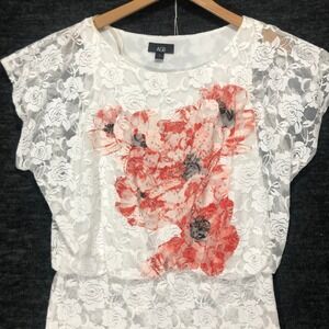 AGB Floral Lace Blouse Elegant Party Top White Red Flowers Womens Size M